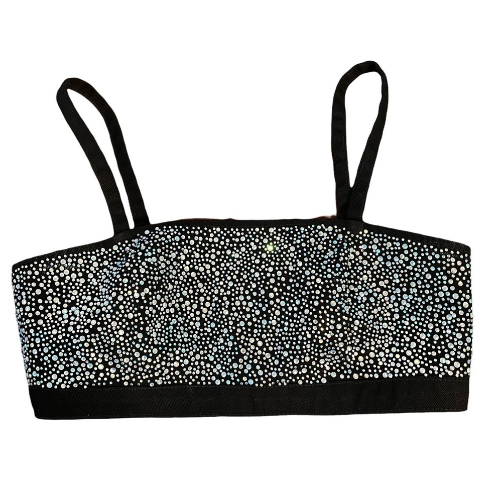 Black Denim Rhinestone Cropped Top with Zipper Size M